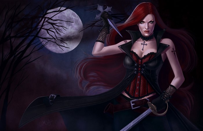 Gothic Fantasy Redhead Warrior with Sword and Dagger