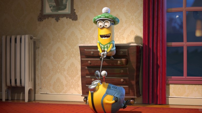 Minions playing golf in a room