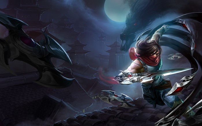 Talon from League of Legends fighting dragons