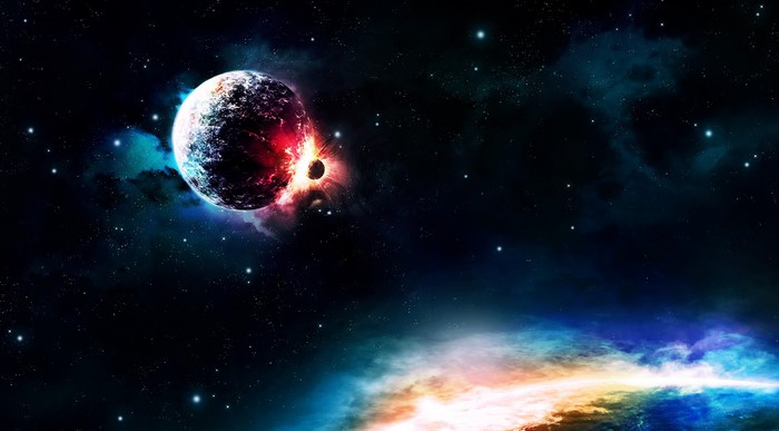 Planet exploding in colorful nebula and starry sky