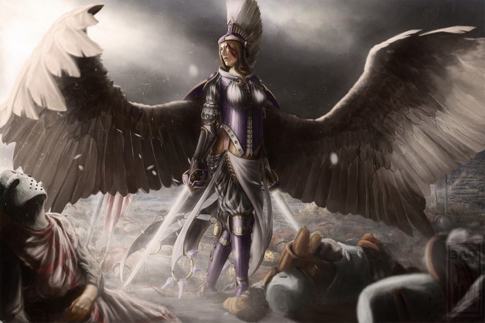 Winged warrior with swords standing over fallen soldiers