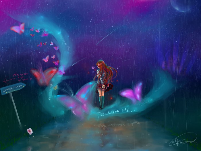Girl in Wonderland with Butterflies
