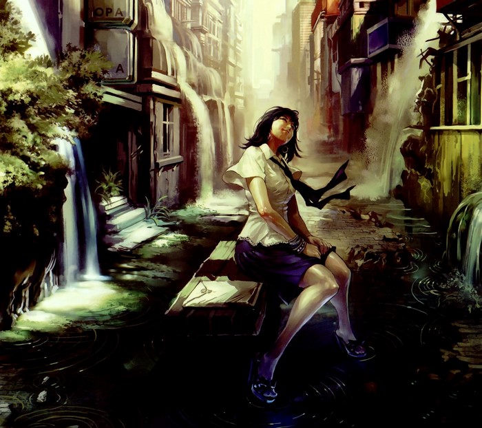 Brunette girl sitting by waterfalls in a city street
