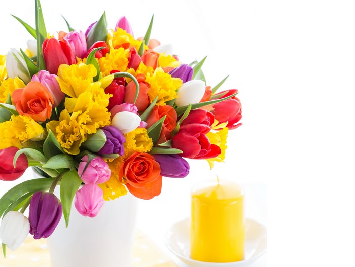 Bouquet of Tulips, Roses, and Daffodils with a Candle