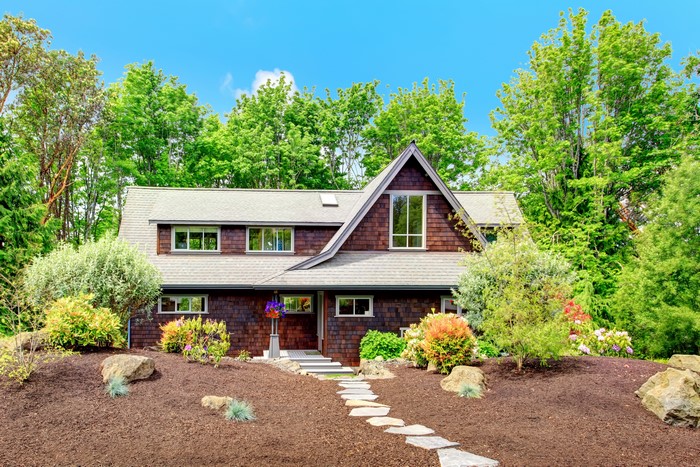 Brown Shingle House with Landscaping