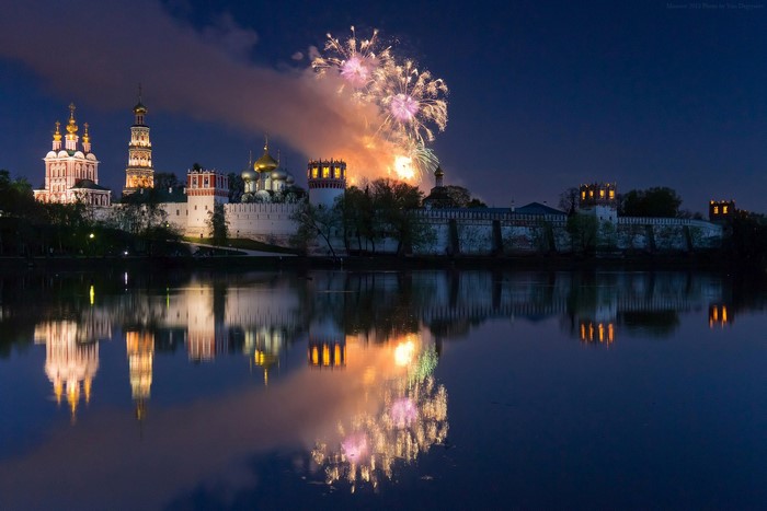 Novodevichy Convent with Fireworks over River at Night, Moscow