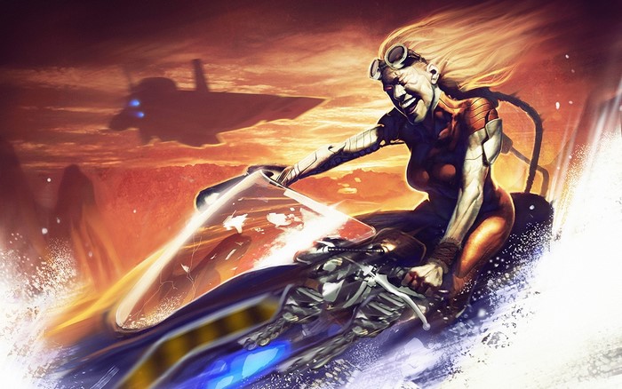 Woman riding a futuristic jet ski with a plane in the background
