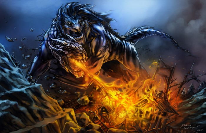 Monsters battling with fire in a destroyed landscape
