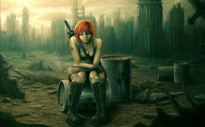 Redhead warrior girl in post-apocalyptic city