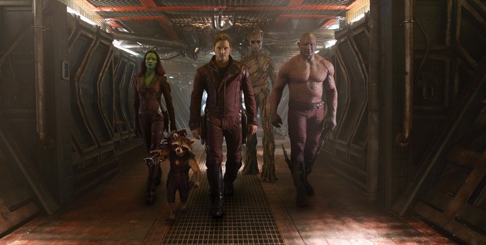 Guardians of the Galaxy walking down a corridor