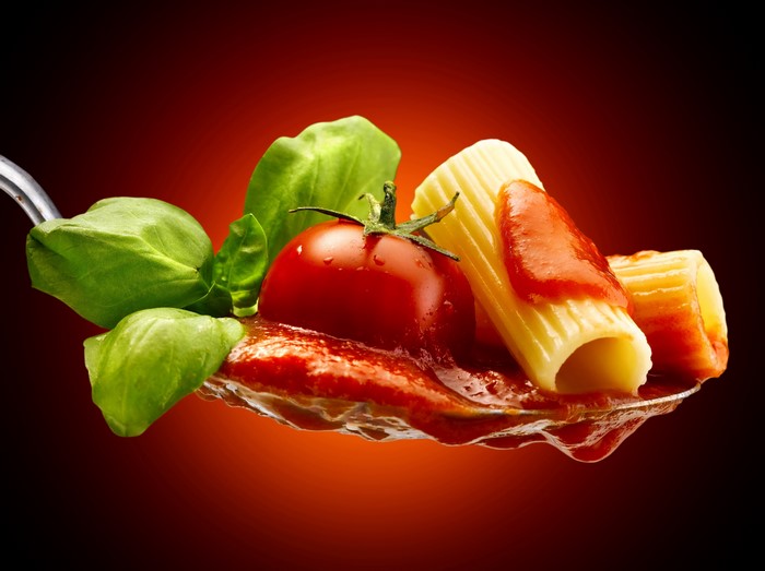 Pasta with Tomato Sauce and Basil on a Spoon
