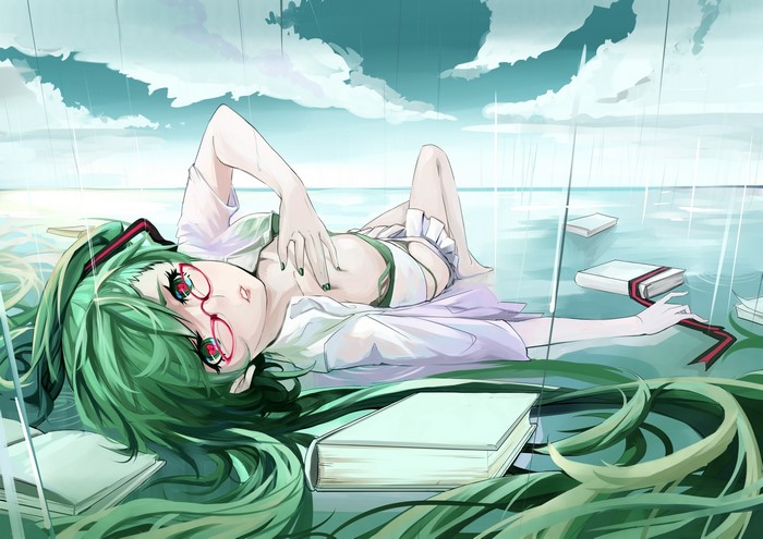 Hatsune Miku from Vocaloid in the Rain with Books