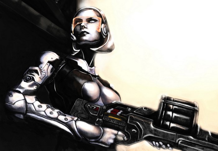 EDI from Mass Effect holding a weapon