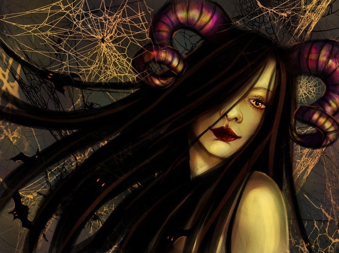 Gothic fantasy demon girl with horns and spider webs