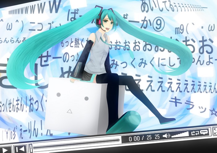 Hatsune Miku sitting on a cube with Japanese text background