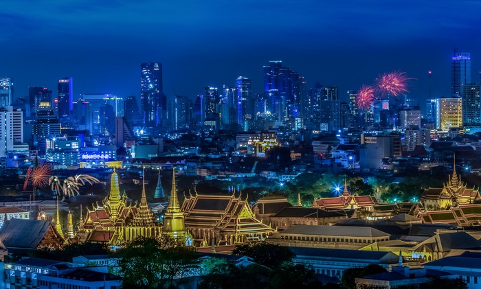 Bangkok Skyline with Grand Palace and Fireworks at Night
