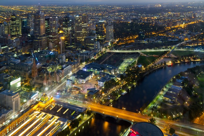 Melbourne cityscape at night from above with Yarra River