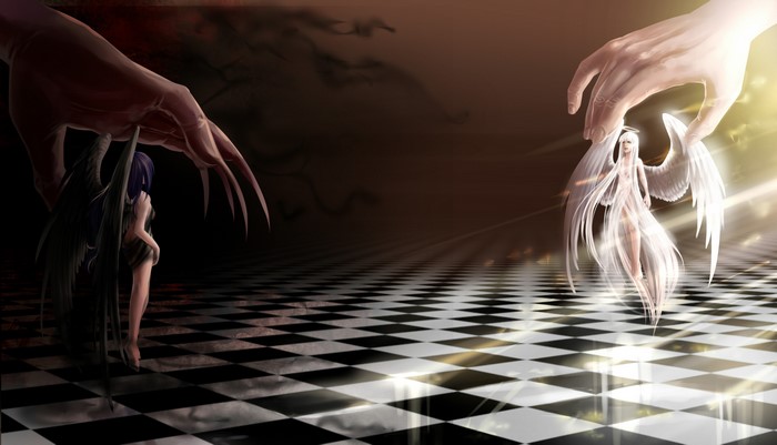 Angel and Demon figures on a checkered floor