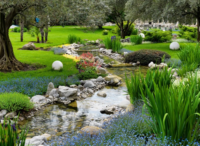 Park stream with stones and grass