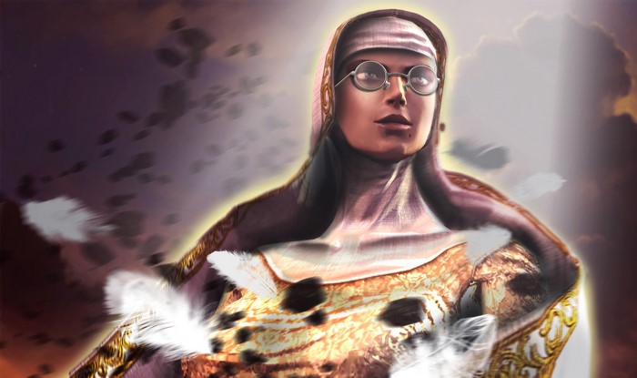 Bayonetta with glasses and feathers