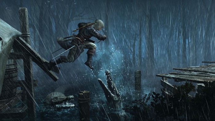 Assassin from Assassin's Creed 4 Black Flag jumps over crocodiles in the rain