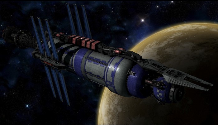 Starship near a planet in space