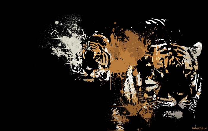Two tigers with abstract paint splatters