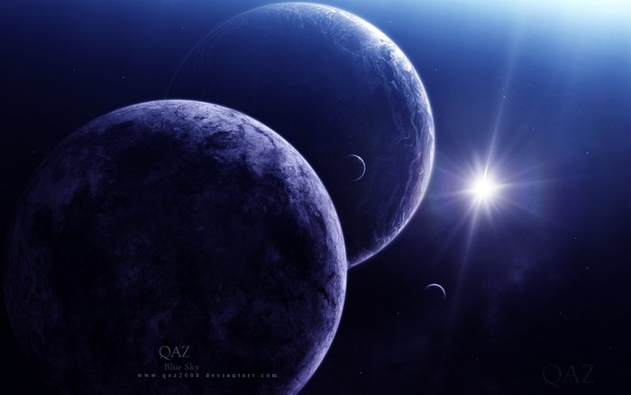 Two planets and moons in space with a bright star