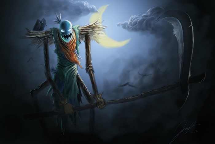 Fiddlesticks from League of Legends with a scythe