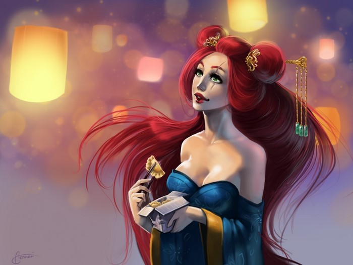 Katarina from League of Legends eating dumplings