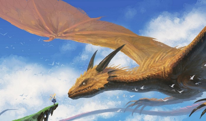 A girl and a dragon in the sky