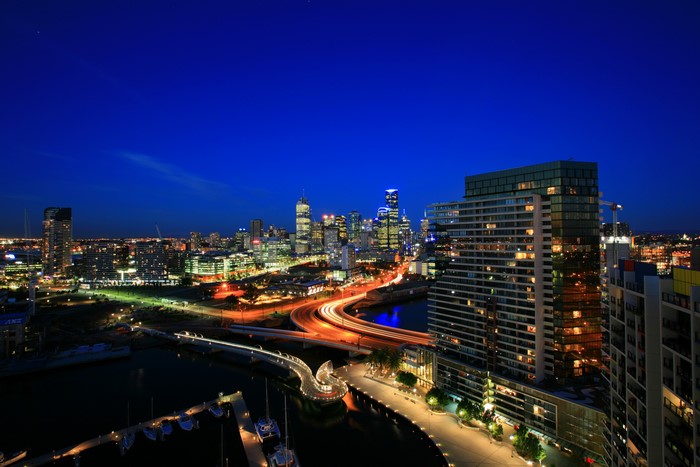 Melbourne Skyline at Night with Bridges and River