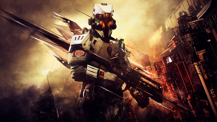 Soldier with rifle in futuristic city