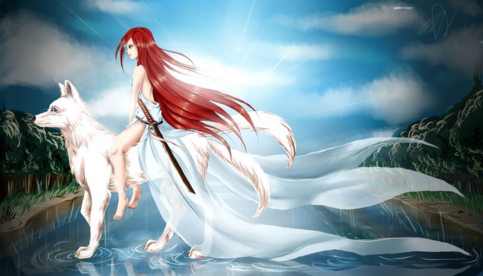 Anime girl with red hair riding a white wolf