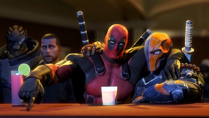 Deadpool and Deathstroke at a bar with other characters