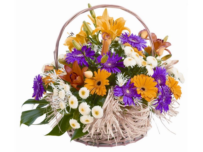 Flower basket with Gerberas, Lilies, and Asters
