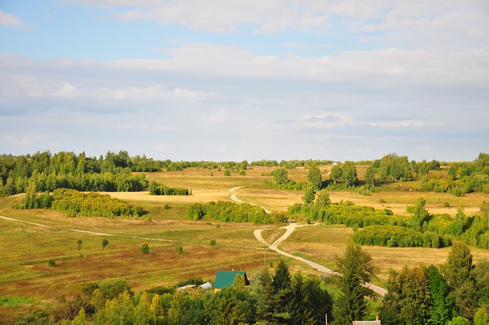 Rural landscape with fields and roads in Russia