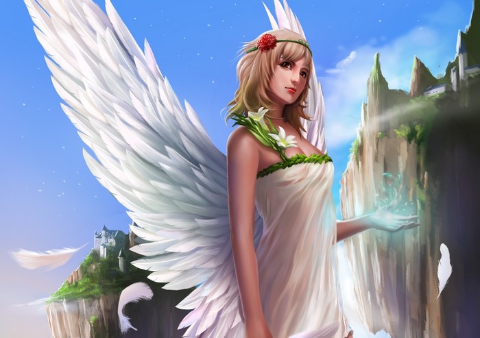 Angel with white wings and magical energy