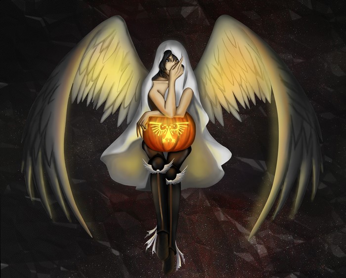 Angel with a carved pumpkin