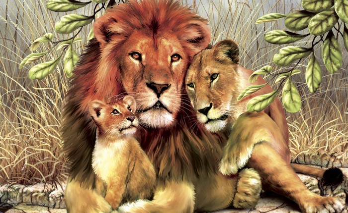 Lion family painting with cub and parents