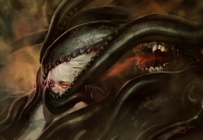 Monster attacking a person with red eyes