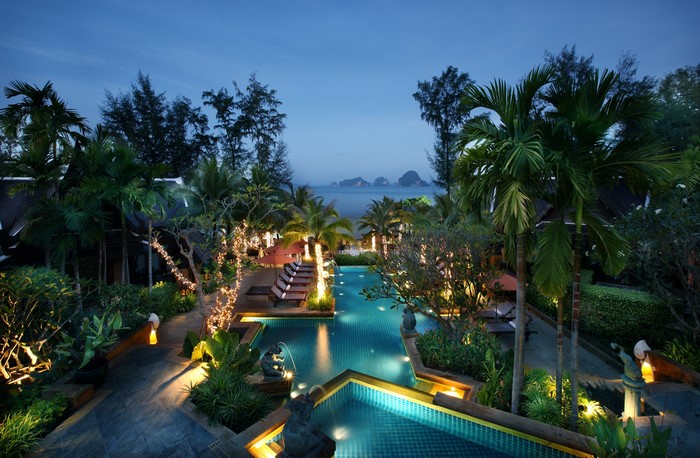 Tropical resort pool at night with palm trees and ocean view