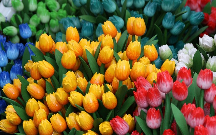 A colorful display of wooden tulips