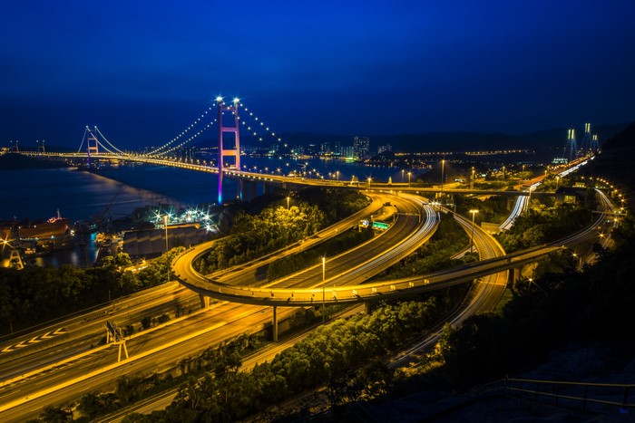 Tsing Ma Bridge and highway interchange at night, Hong Kong