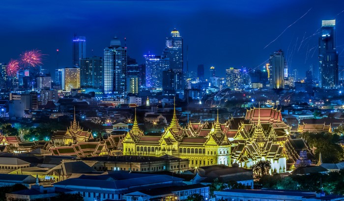 Bangkok Skyline at Night with Fireworks