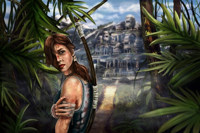 Lara Croft from Tomb Raider with ancient ruins in the background