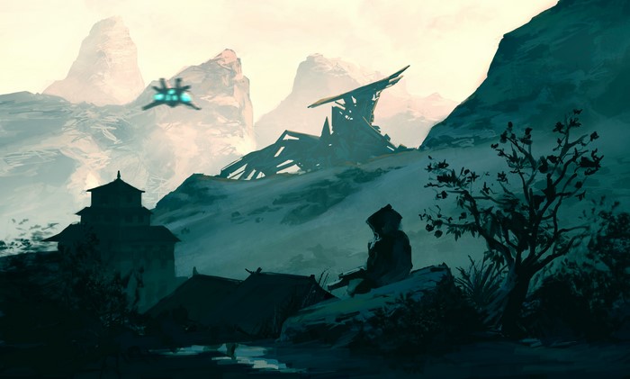 Sci-fi drone over ruined landscape with pagoda