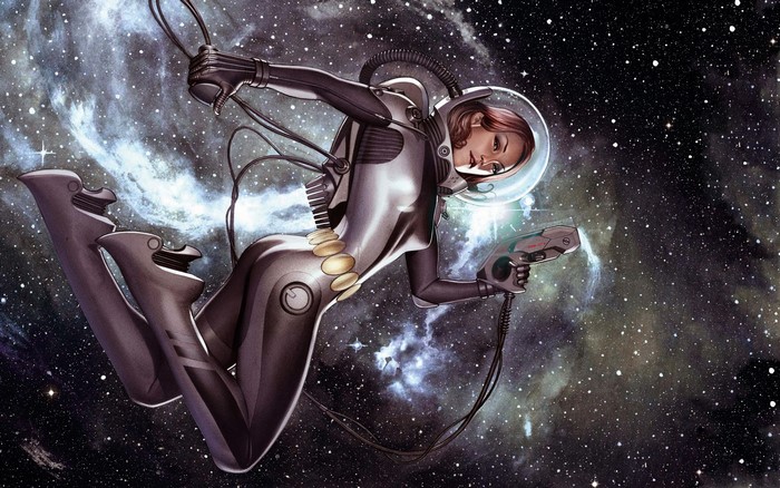 Black Widow in a spacesuit with a blaster