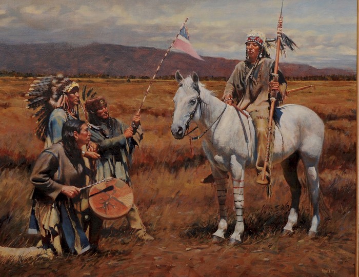 Native Americans with a flag and a horse