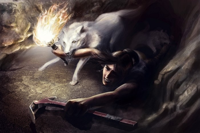 Lara Croft from Tomb Raider fighting a wolf with a torch